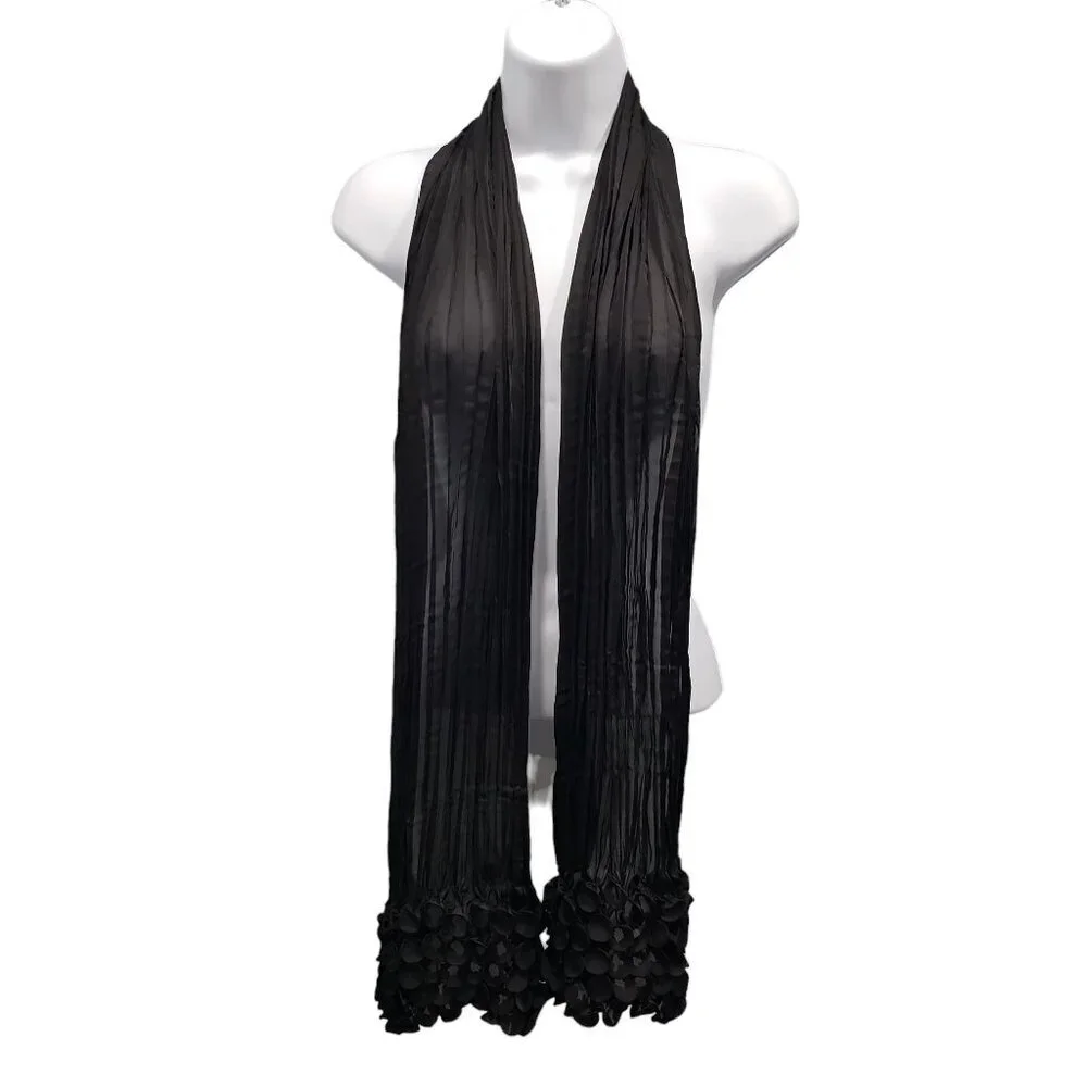 Chico's Chiffon Scarf Crinkle Textured Trim Black 62" Long Unique Event - Picture 3 of 8